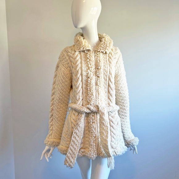 Knit Cardigan Wool Jacket with tie belt, white, Size M - Picture 1 of 12